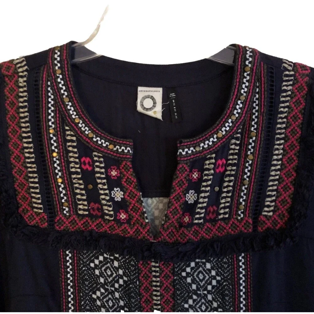 Anthropologie Akemi + Kin Tessa Dress Womens Sz 8 Navy Embroided Boho Festival